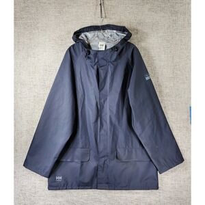 Helly Hansen Workwear Waterproof PVC Jacket Mens XL Navy Hooded Raincoat EUC